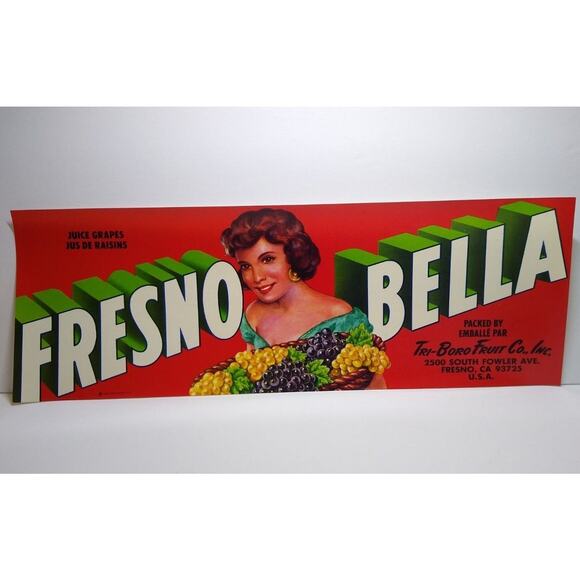 Fresno Bella Crate Label Lady With Basket Of Juice Grapes 1960s Vintage Original - Picture 2 of 2